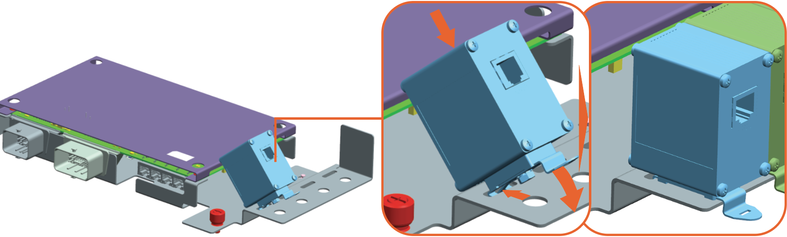 While reinstalling, hook the surge suppressor mounting bracket to the PBC bracket, and then rotate and press down on top of the surge suppressor to mount it to the PBC bracket.