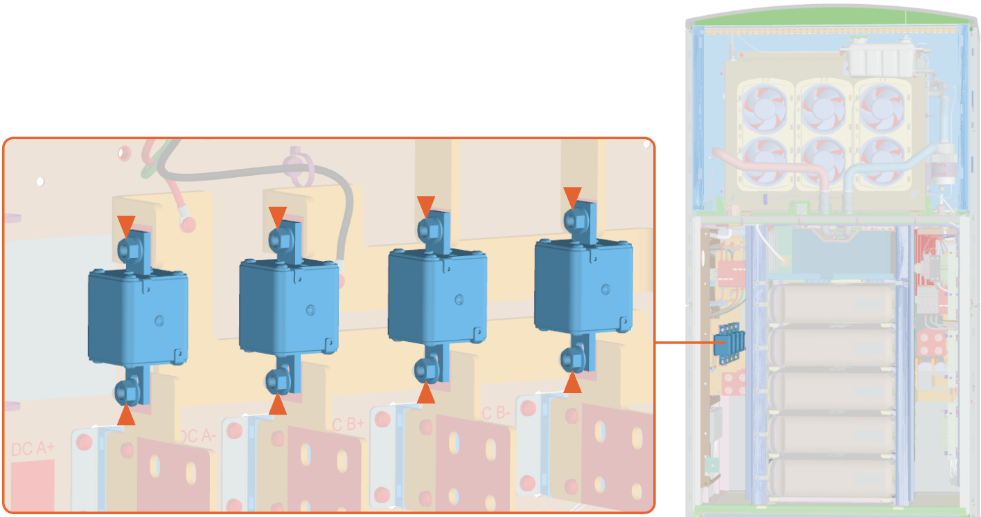 Remove the eight nuts to remove the four fuses. Use 17 mm hex socket.