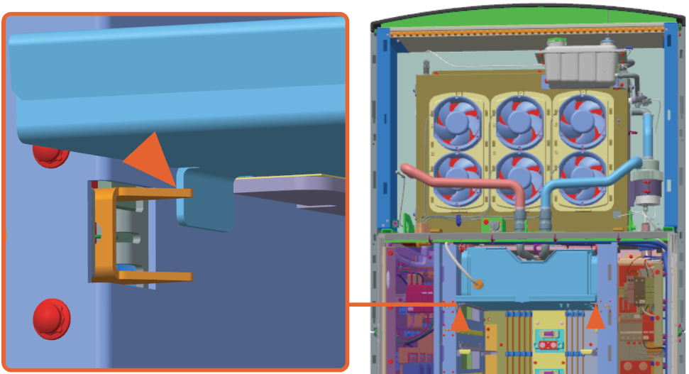 While reinstalling, align and seat the heat exchanger tray onto the top shelf, and then push it in until the two  latches lock the tray in position.