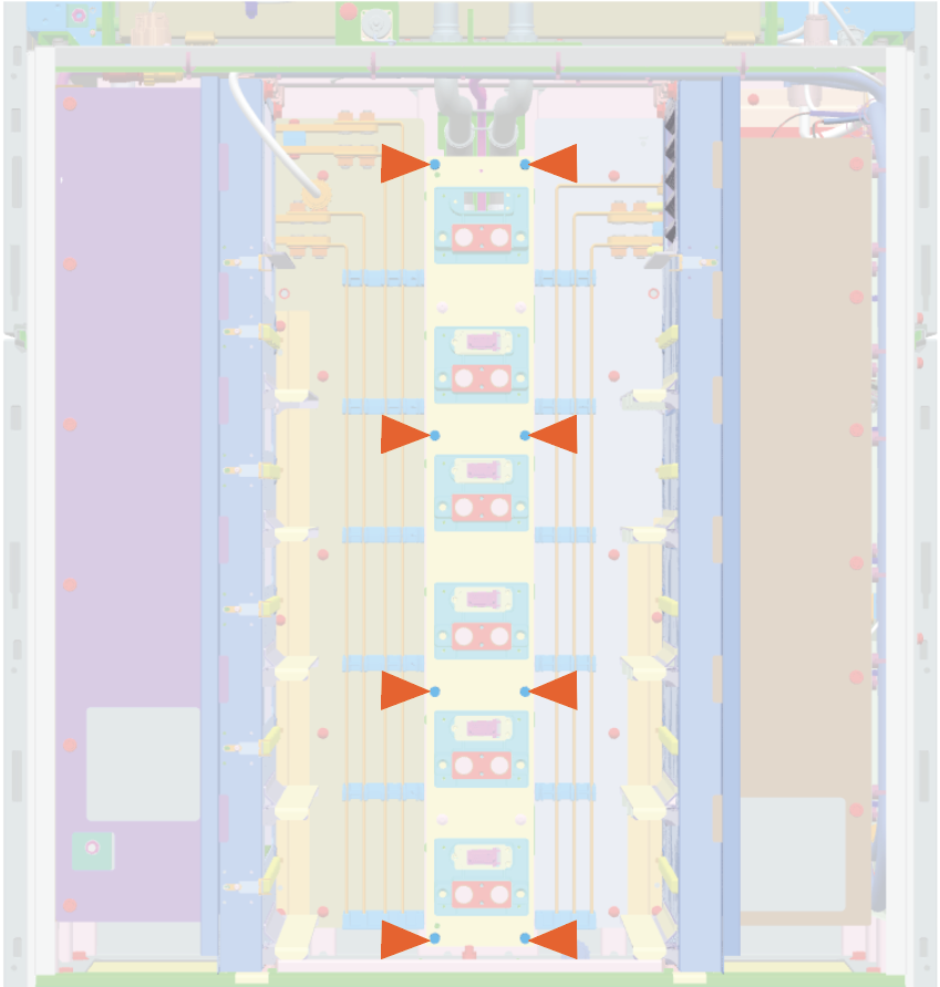 Remove the eight screws. If necessary, use T25 Torx screwdriver and lift the module mate off the lower cabinet. 