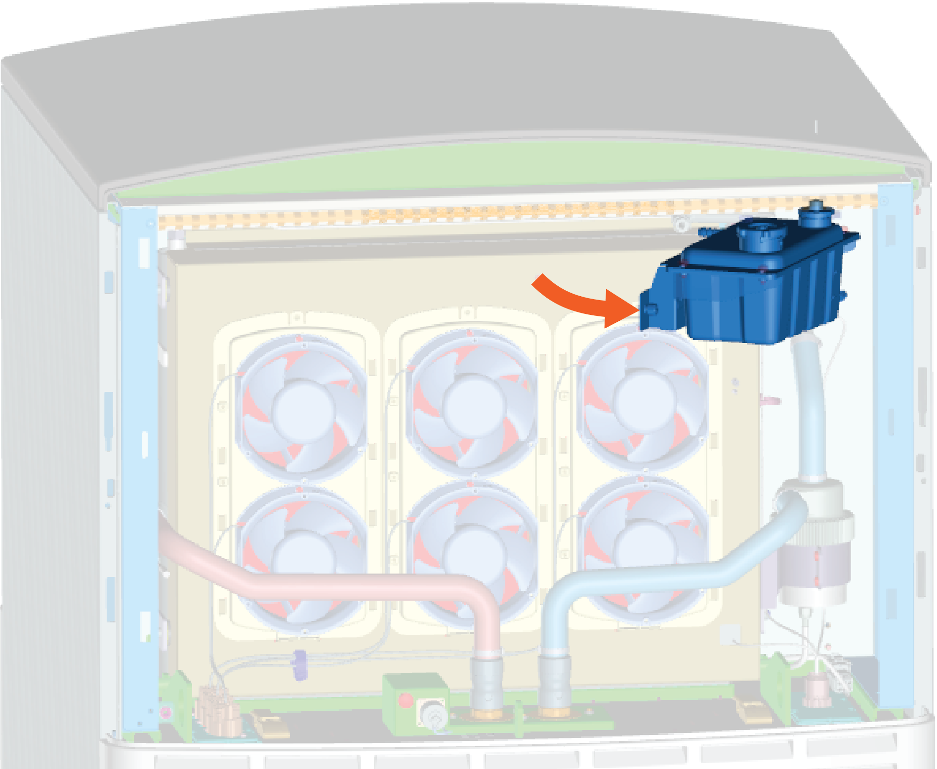 Rotate out the reservoir and hold it in place.