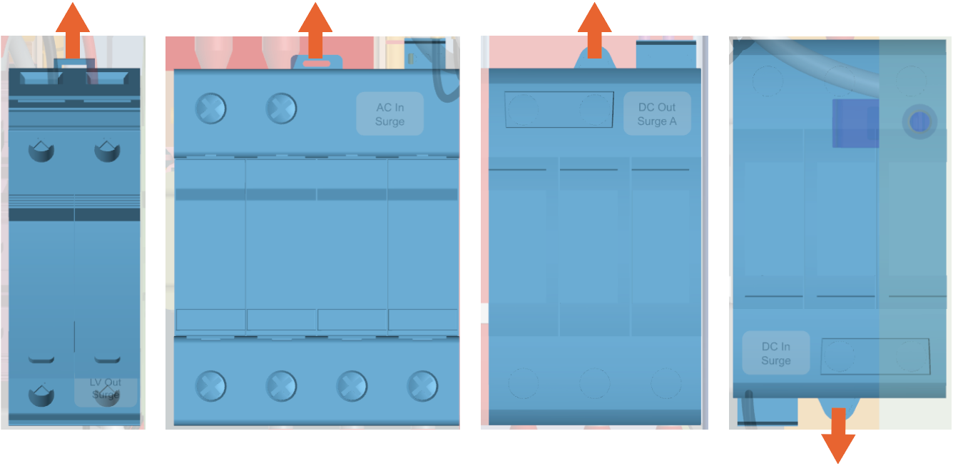 Replacing the Surge Suppressor and following are the Images from left to right: LV Out, AC In, DC Out A which is the right side suppressor, and DC In and Out B which is the left side suppressor