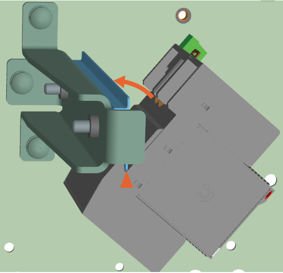 While reinstalling, hook the surge suppressor to the mounting bracket, and then tilt it in and press on the latch side to mount it to the bracket.