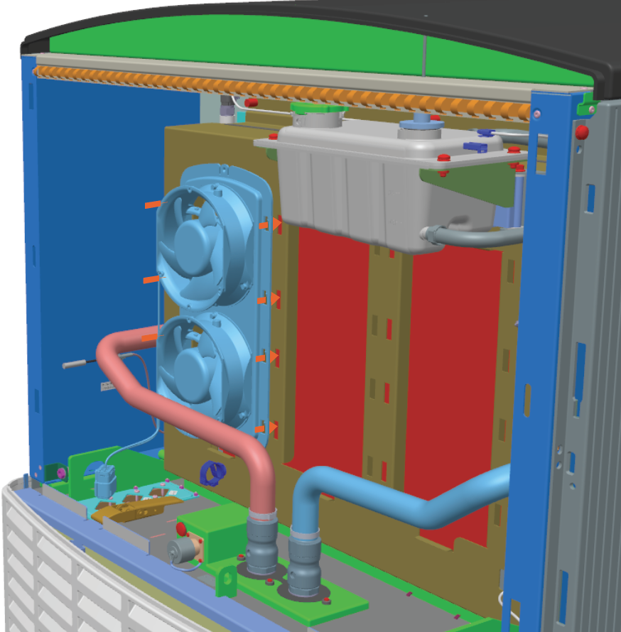 Align and insert the eight hooks behind the fan tray.