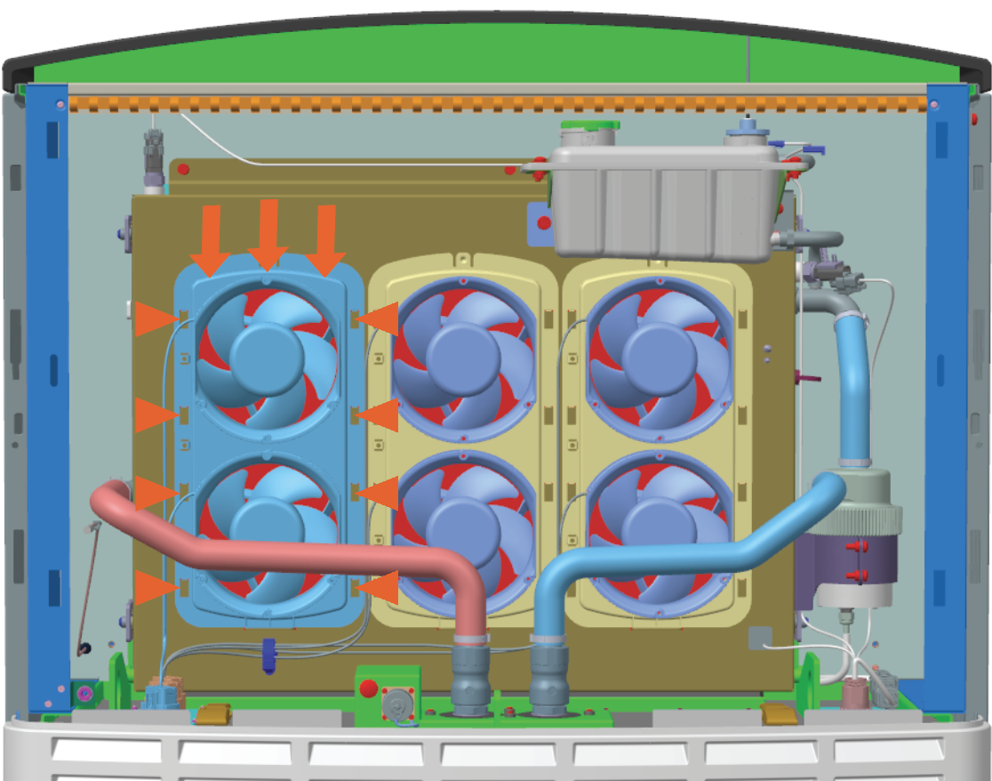 Push  upper side of the fan tray down until the eight hooks  secure into place and the fan tray is resting on the flange at the lower side.