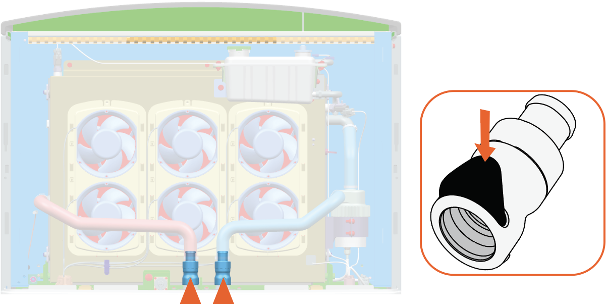 Press the black latch on the two valves and then pull them up to disconnect the hoses.