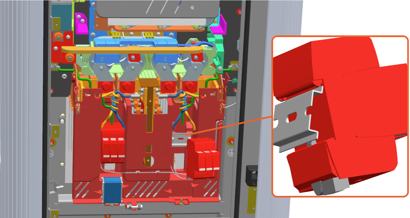 Hook the upper groove behind the HV surge suppressor onto the upper edge of the bracket.