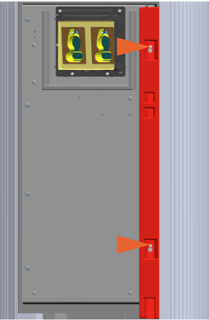Loosen the two M5 screws using T25 security  screwdriver on the lower door brackets, and slide them up to disengage the keyholes.