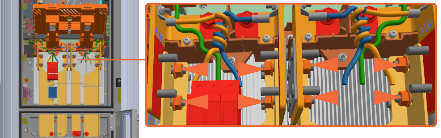 Install the extruded bus bars and M10 nuts onto the bus bar studs in the upper cabinet.