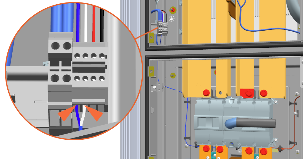 Loosen the two screws on the low voltage terminal block and install the auxiliary contact wires (blue and white) at lower side of the terminal block. Tighten the screws with flat head screwdriver.