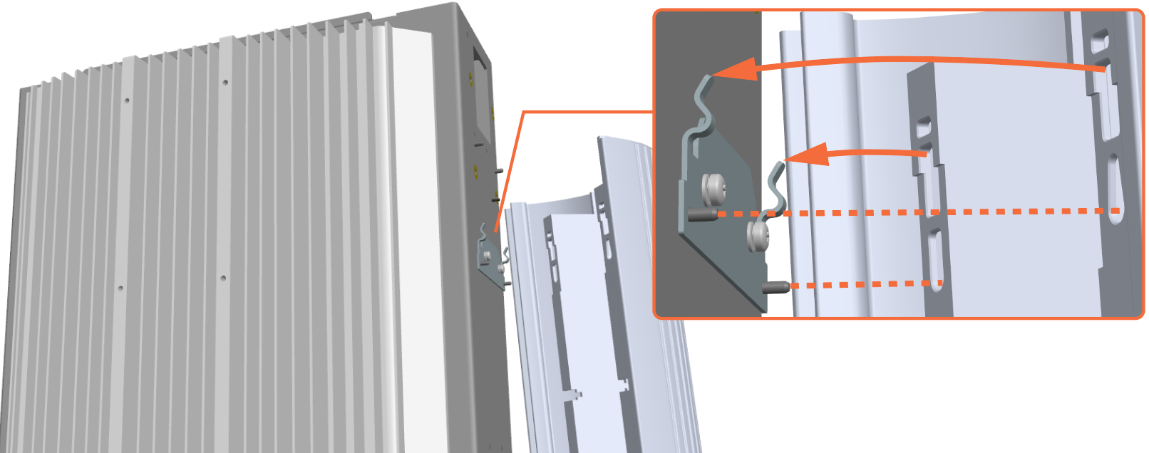 Align and install the side panel onto the two hooks and two studs on the frame.