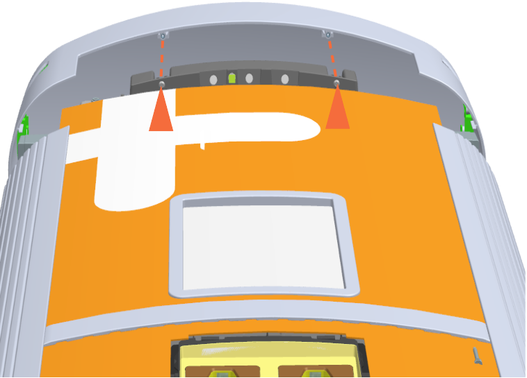 Technical illustration depicts the procedural step.Loosen the two screws using T25 security  screwdriver at the front side to lift off the top cap
