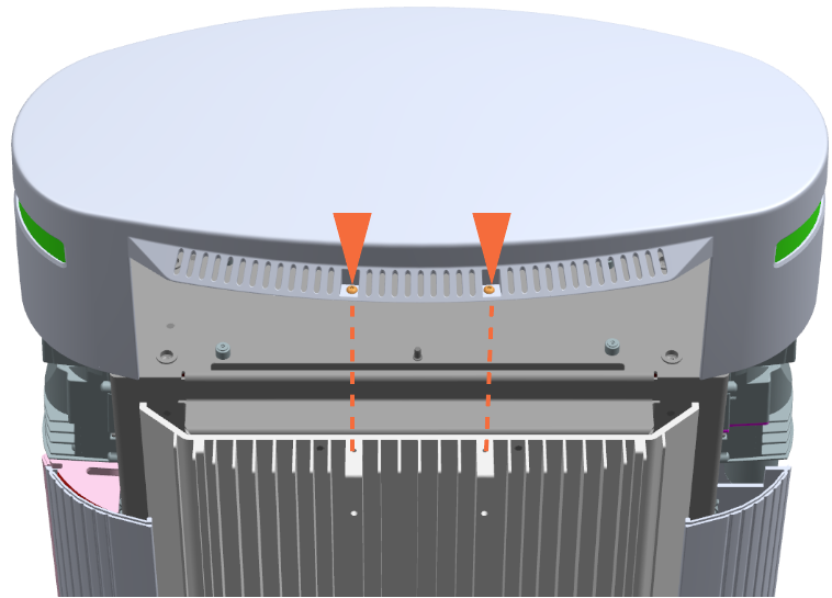 Technical illustration depicts the procedural step.Loosen the two screws using T25 security  screwdriver at the rear side to lift off the top cap