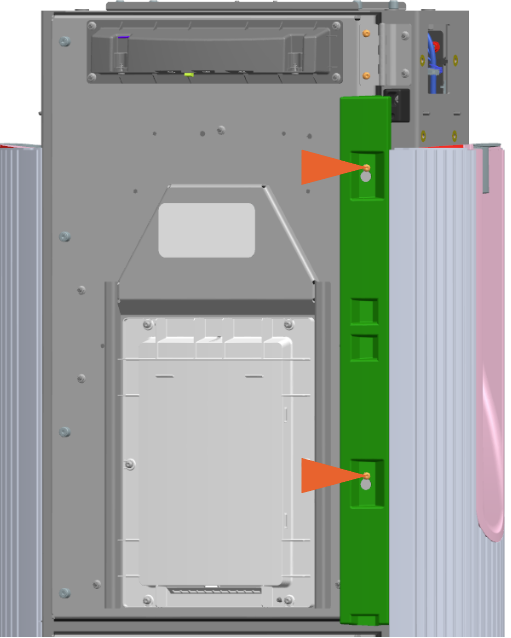 Loosen the two M5 screws using T25 security  screwdriver on the upper door brackets, and slide them up to disengage the keyholes.