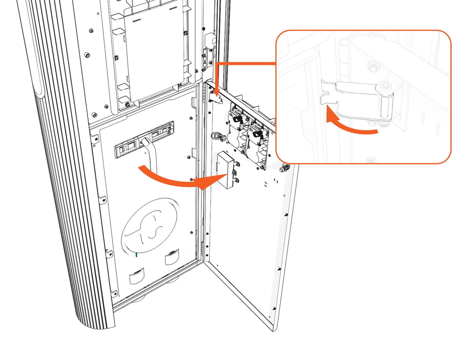 At the hinges inside the door, rotate the orange-colored wind stops into the door gap to prevent  the door from accidentally closing while you work.