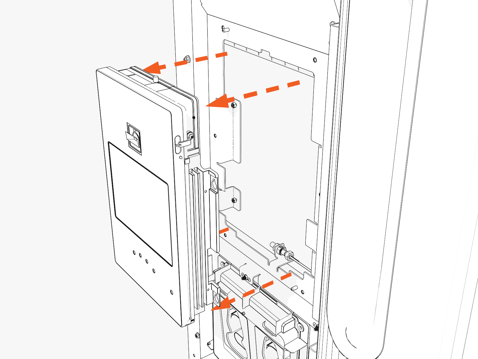 The module hangs from four keyholes on the back. Lift it up and off the door. 