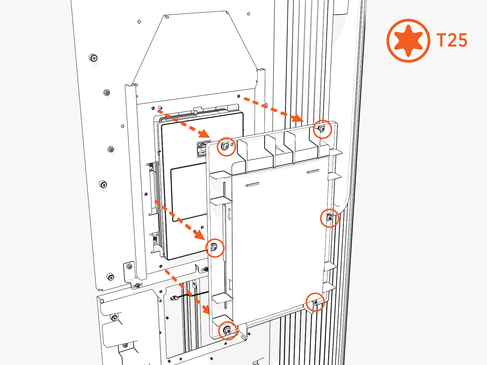On the front side, loosen six screws using T25 security  screwdriver to remove the  lens bracket. 