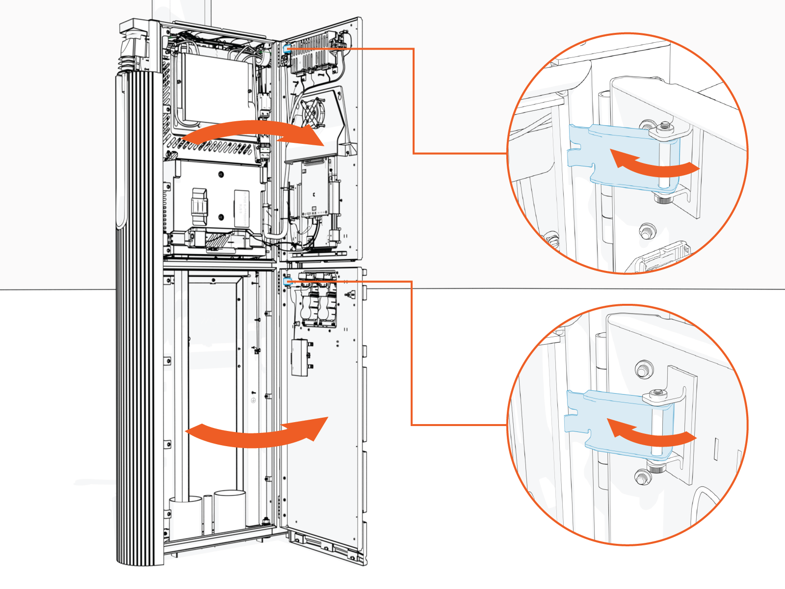 Open the upper and lower doors and engage the windstops for both the doors