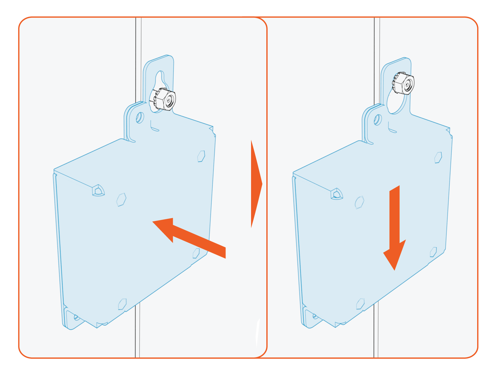 Mount the ETH2USB module onto the stud and Slide the module downward to lock the keyhole and notched tab onto the mounting stud