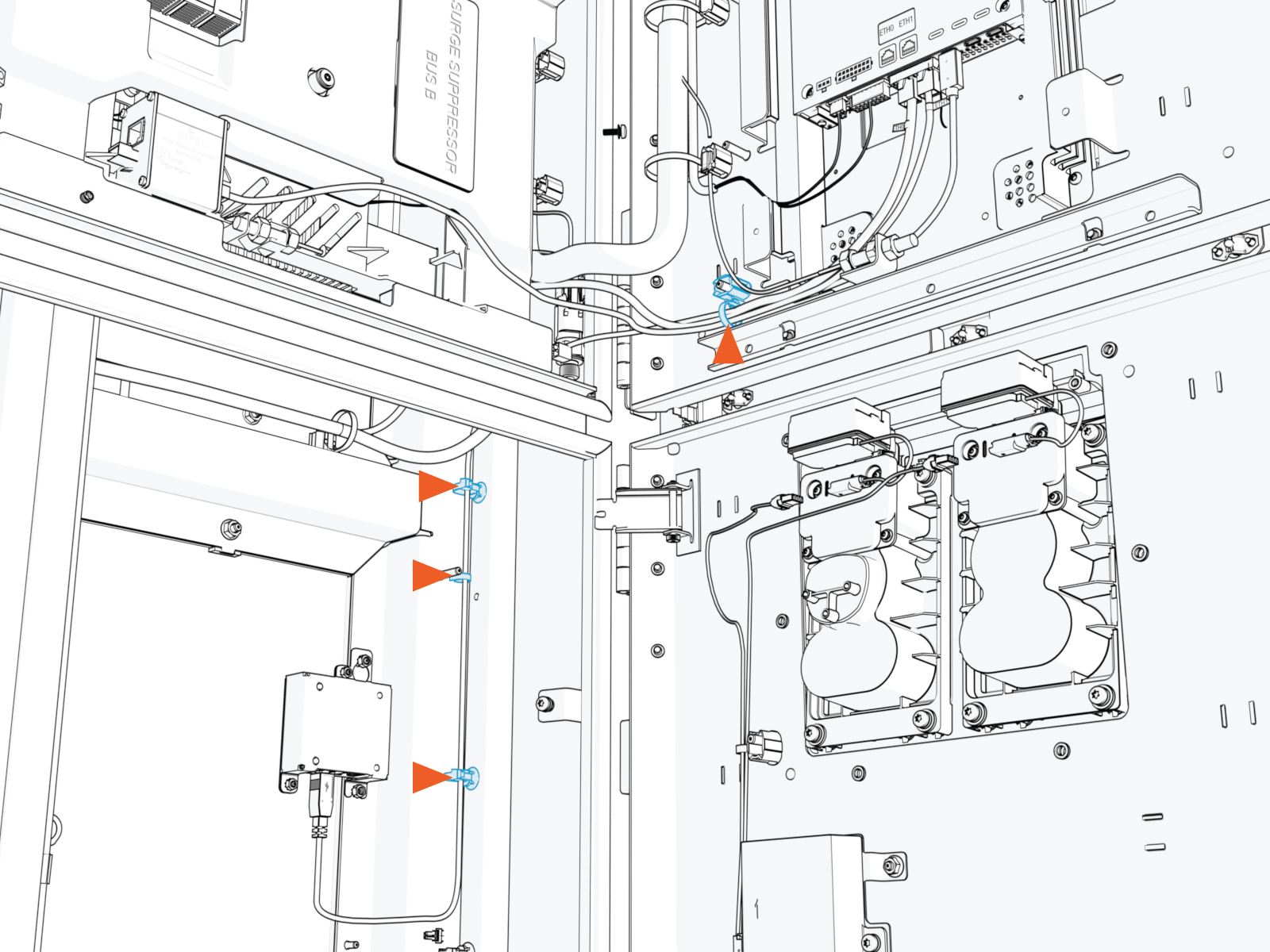 Route the  Ethernet to USB cable through the existing cable tie guides.