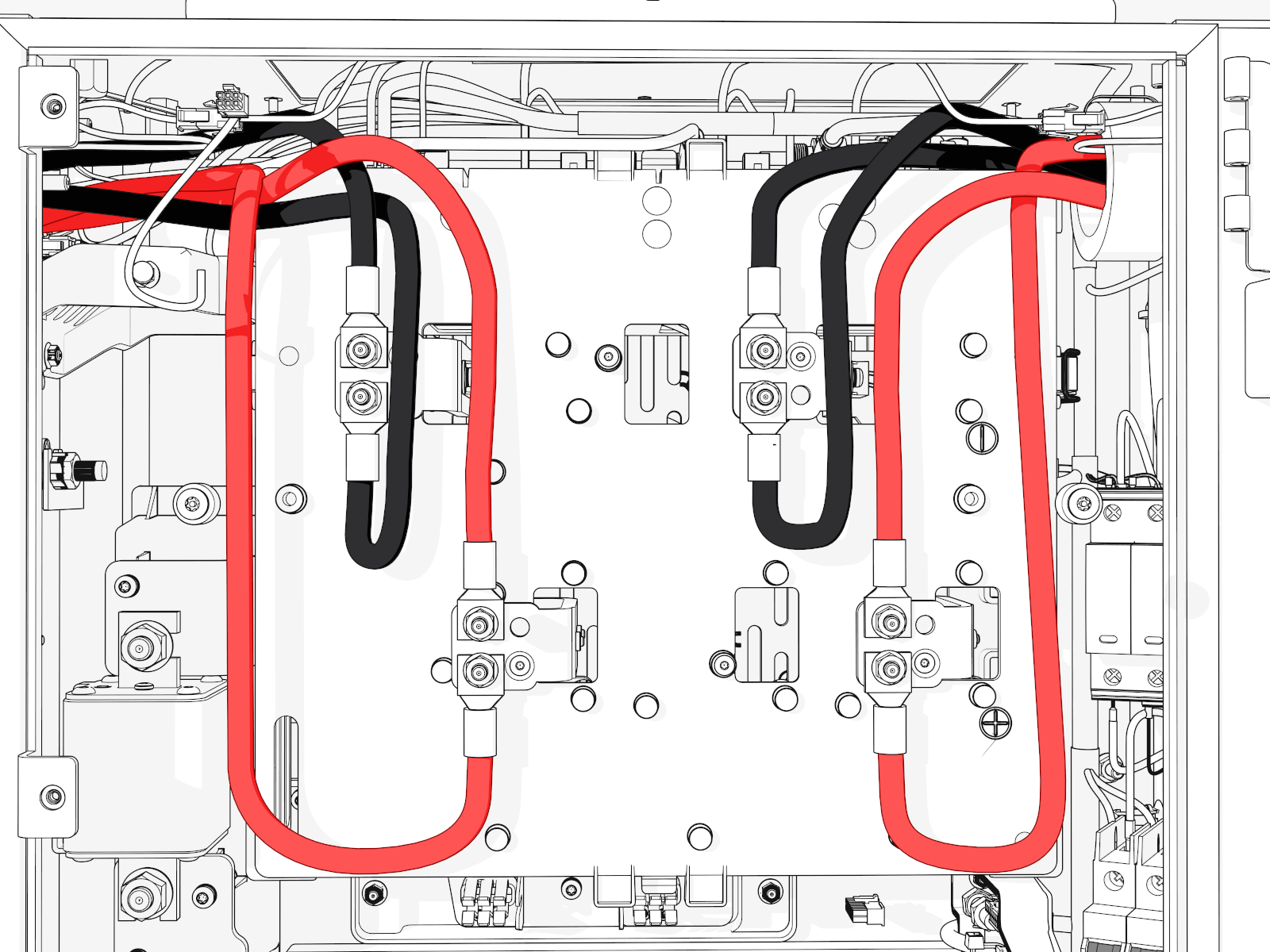 Red DC cables to positive connectors and black DC cables to negative connectors