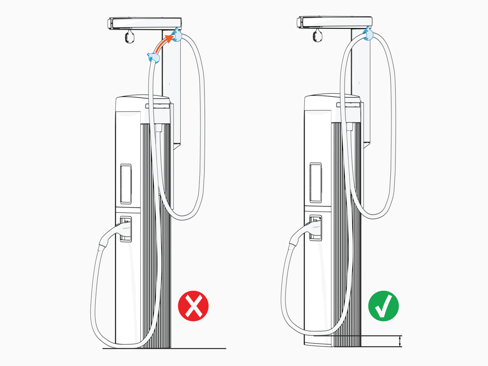 If necessary, slide the ball clamp to a position on the cable such that the cable doesn't touch the ground when installed onto the CMK anchor pin.
