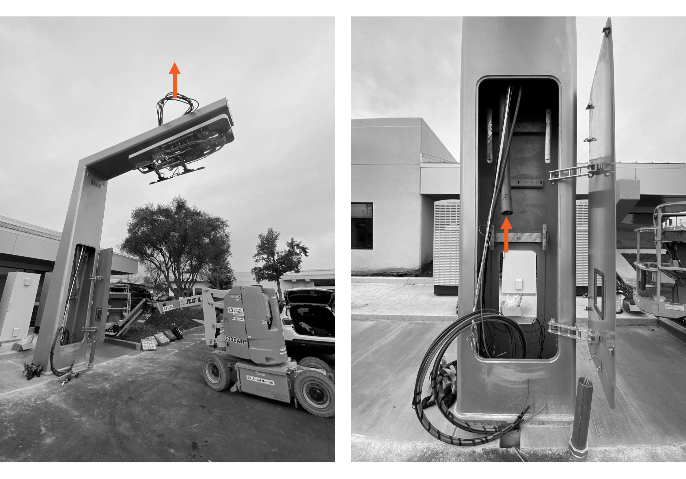 At the top of the mast, pull the HV DC wires out the pantograph access opening to fully retract wires into the lower end of the wire conduit. Technical illustration depicts the procedural step.