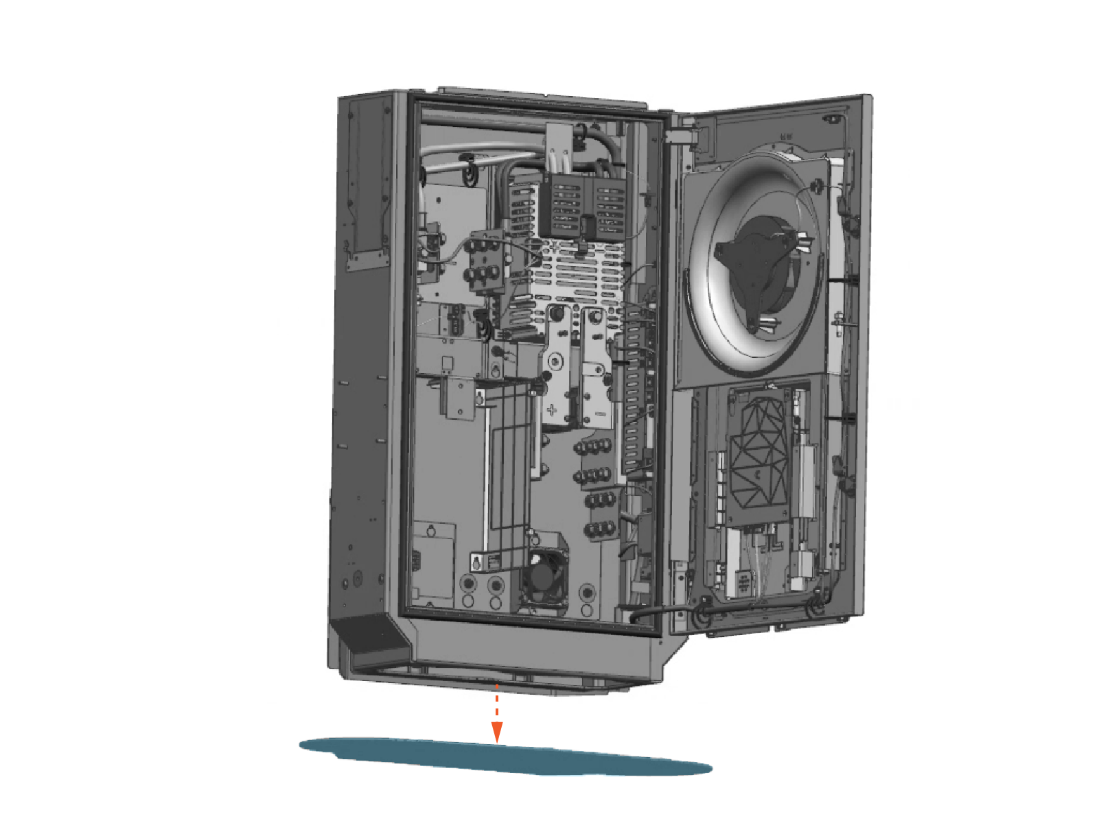 Remove the gland plate. Technical illustration depicts the procedural step.
