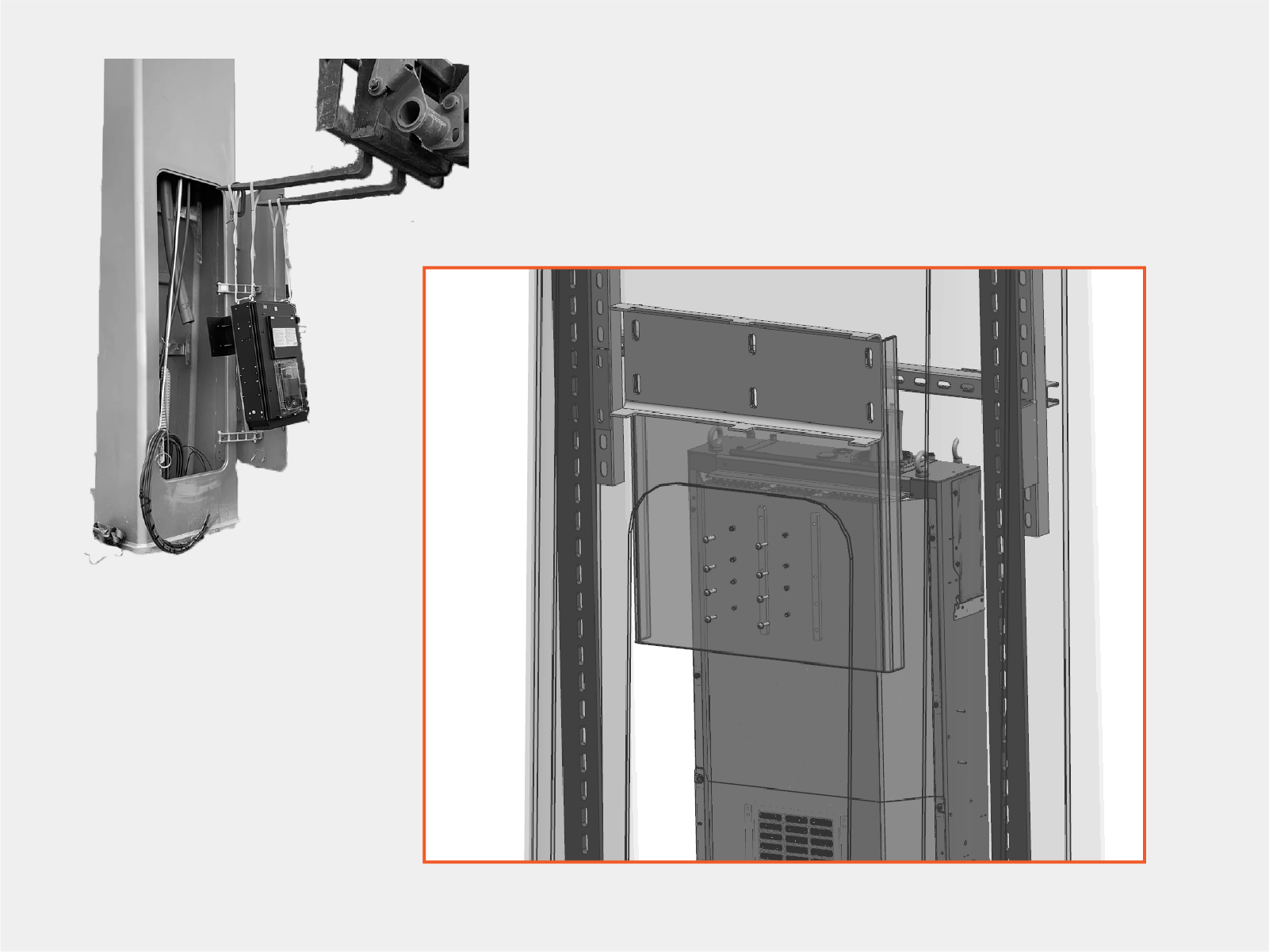 Transport the Power Link 2000 to the mast. Align mounting holes on the rear of the to the mounting base. Technical illustration depicts the procedural step.