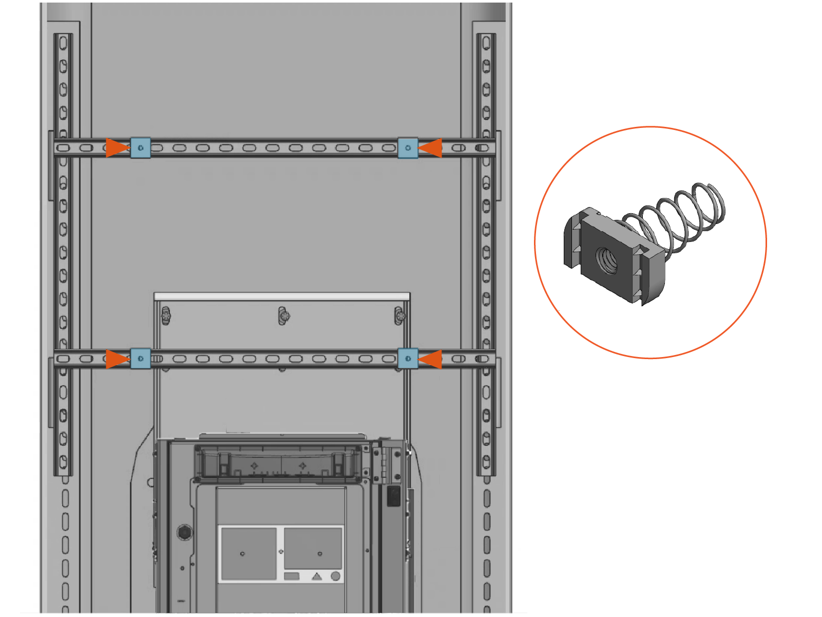 Slide 5/16 inch spring nuts (x2) into each unistrut. Technical illustration depicts the procedural step.